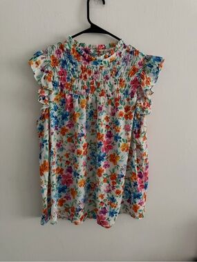 Pleione White Floral Smocked Ruffle Sleeve Dress - Multicolor
